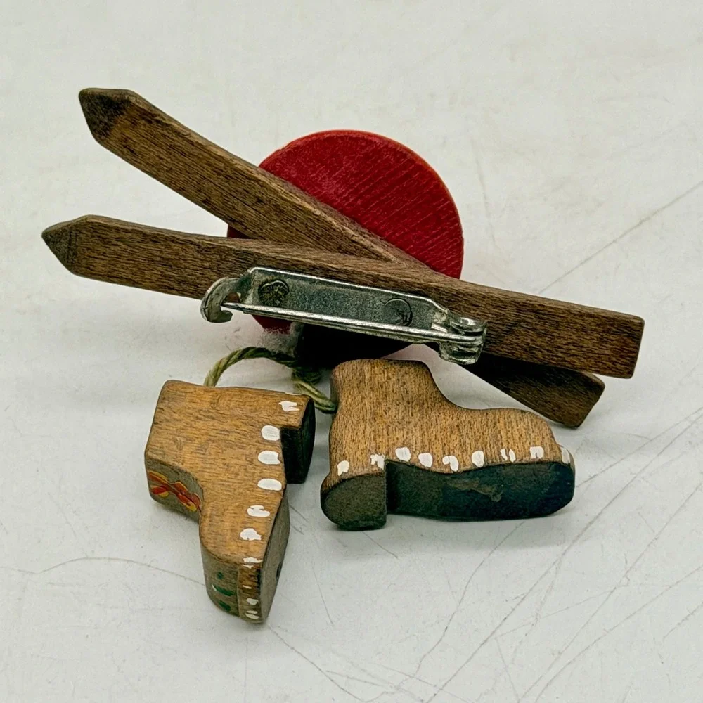 Vintage Wooden Ski Brooch Hand Painted Boots Alpine Winter Jewelry Vintage